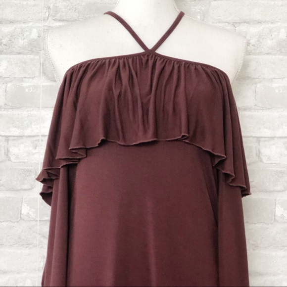 NWT CHASER Brown Off the Shoulder w/ V-Halter Neckline Long Sleeve Mini Dress M - Picture 4 of 13